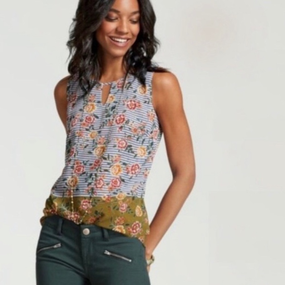 CAbi Striped Sleeveless Floral Penelope Blouse
